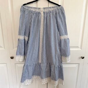 Karen Kane Blue Striped Off-Shoulder Dress with Lace Trim